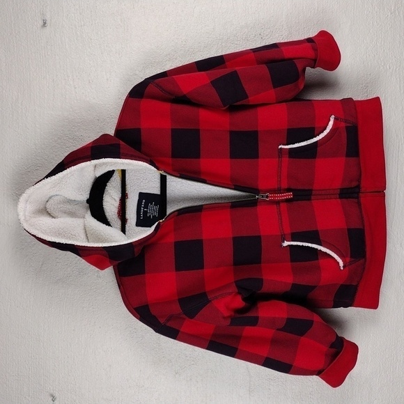 Lands' End Red Buffalo Check Fleece Lined Hooded Long Sleeve Zip Up Winter Coat - Picture 12 of 12